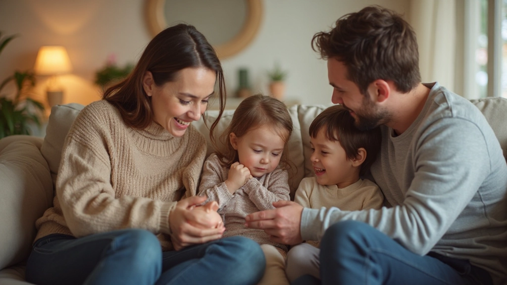 Семья с детьми обсуждает финансовое планирование в уютной гостиной