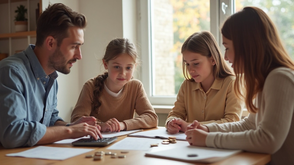 Родители обучают детей финансовой грамотности дома за столом с деньгами и ноутбуком