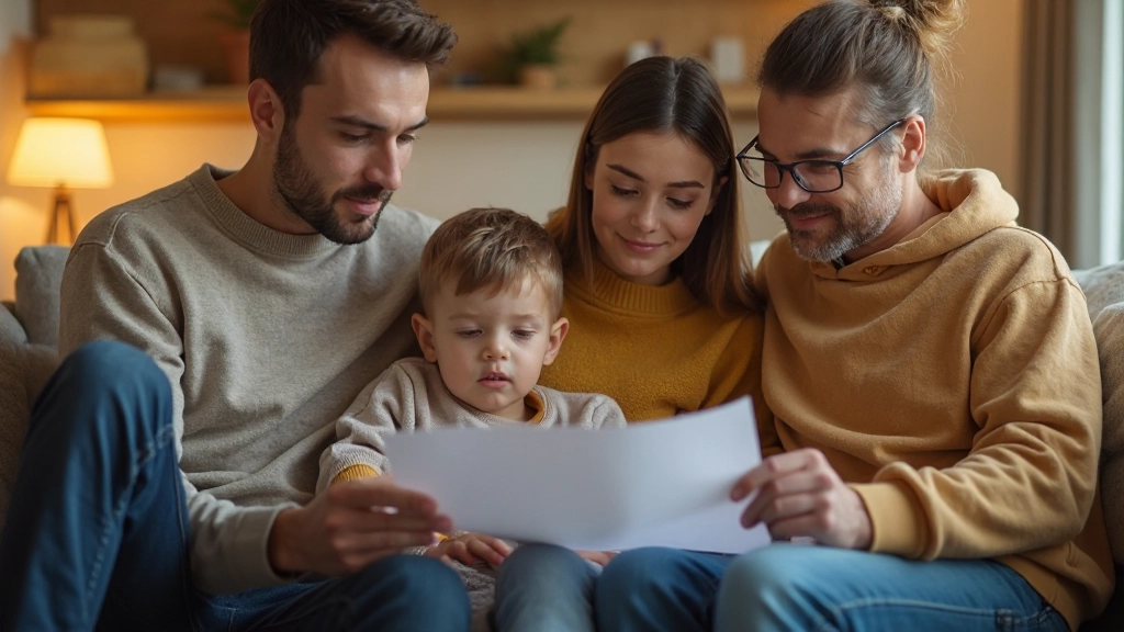 Семья с детьми обсуждает финансовое планирование в уютной гостиной