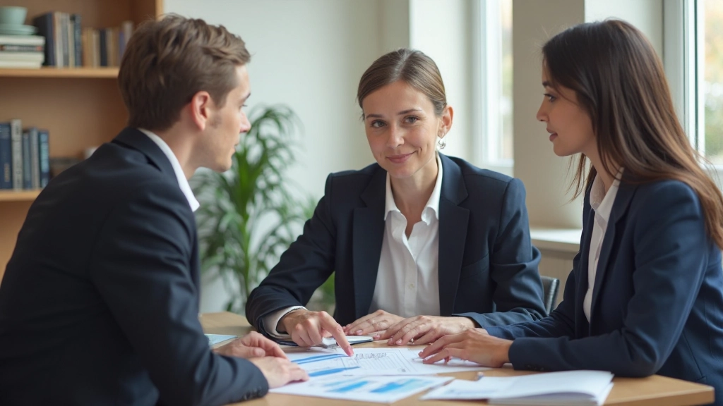 Финансовый консультант обсуждает семейный бюджет с молодой семьей в офисе