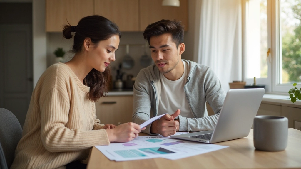 Молодая семья обсуждает финансовые цели с помощью планшета и ноутбука за кухонным столом